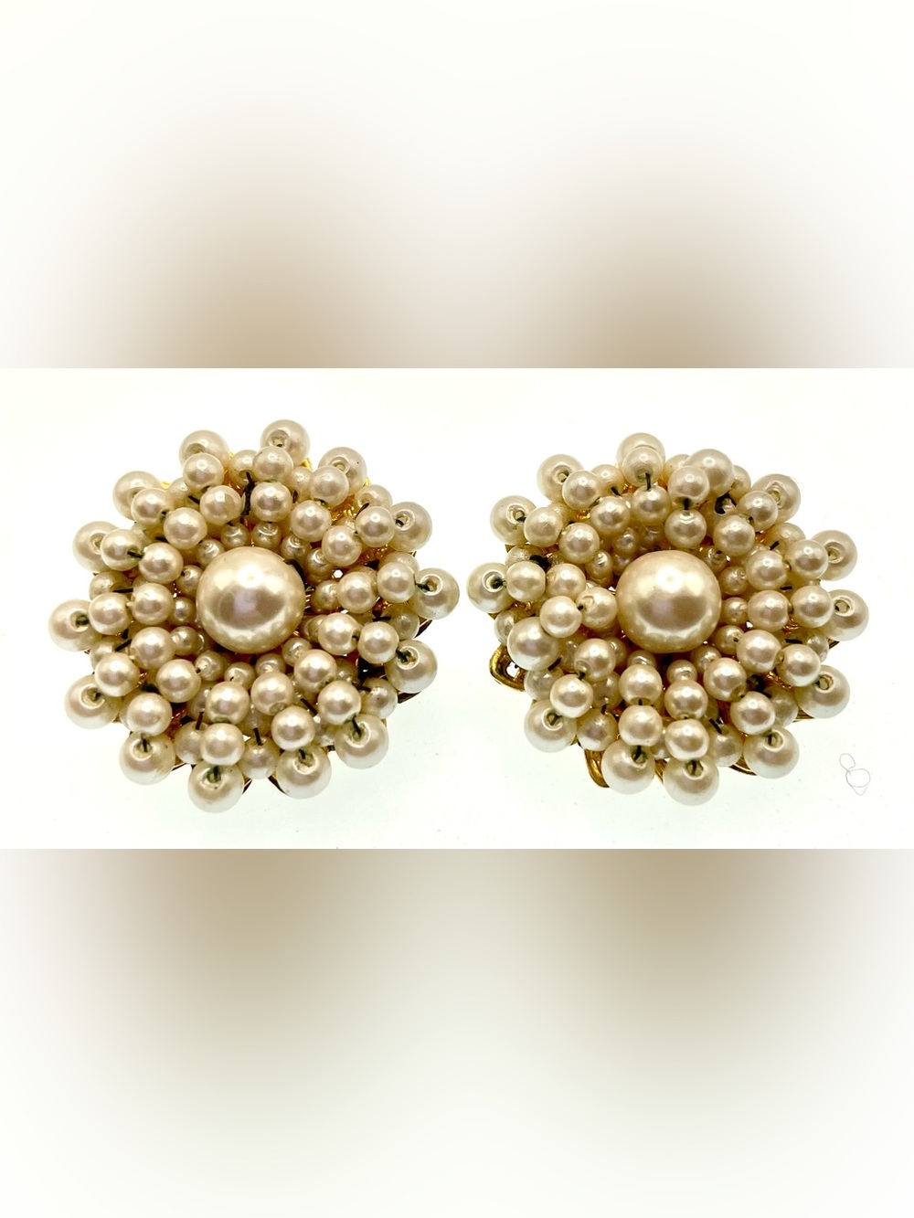 Vintage 1960s Faux Pearl Floral Cluster Clip On Earrings Gold Tone Mid Century